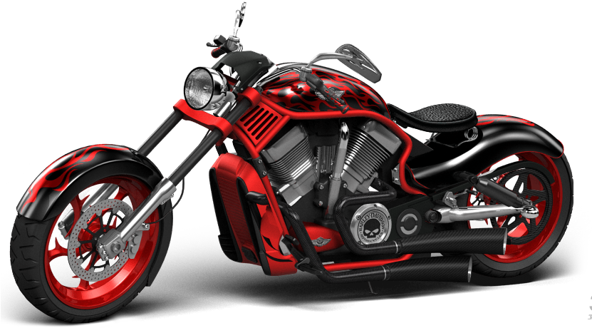 客製化紅黑哈雷機車 壁紙 — 一架時尚的紅黑配色chopper電單車，帶有火焰貼花和鍍鉻裝飾，在純黑色背景下孤立展示。