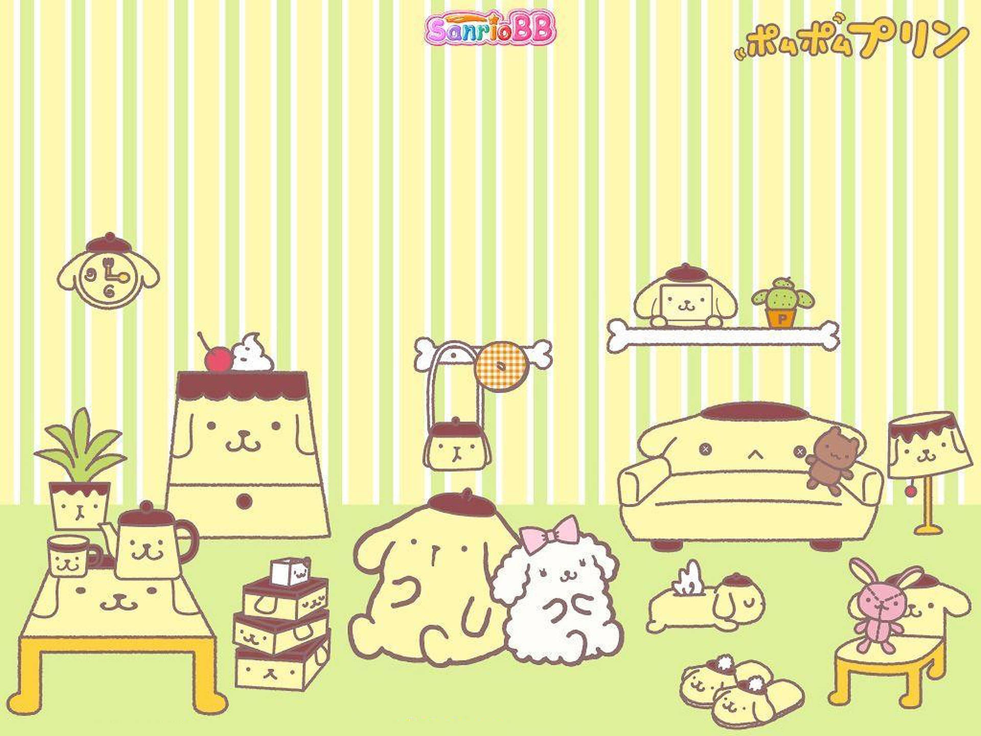 粉彩色卡通動物家具和角色，在舒適的房間中。 — 布甸狗 GIF 壁紙