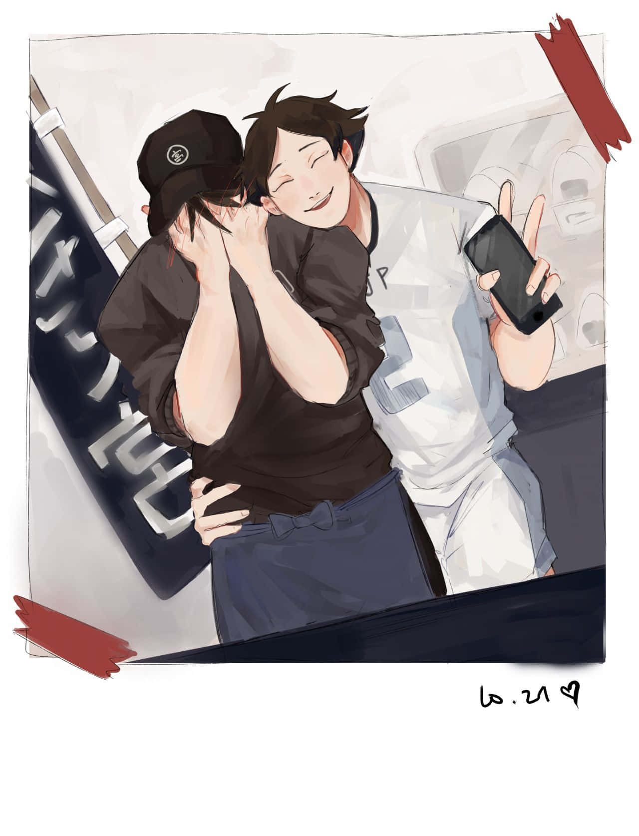 兩個微笑的動漫男孩擁抱，其中一個拿著手機自拍。