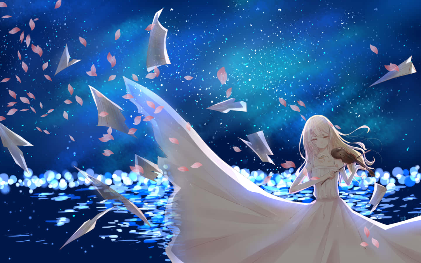 動漫女孩在星空下拉小提琴，漂浮的紙船和花瓣。