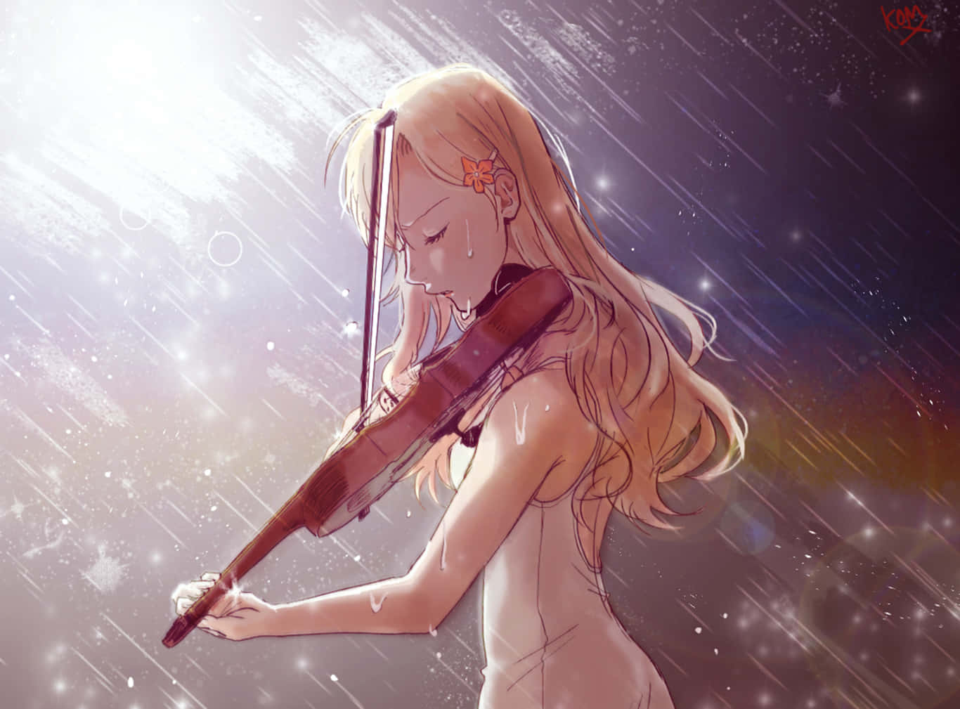 動漫女孩在雨夜星空下演奏小提琴，帶有發光效果。