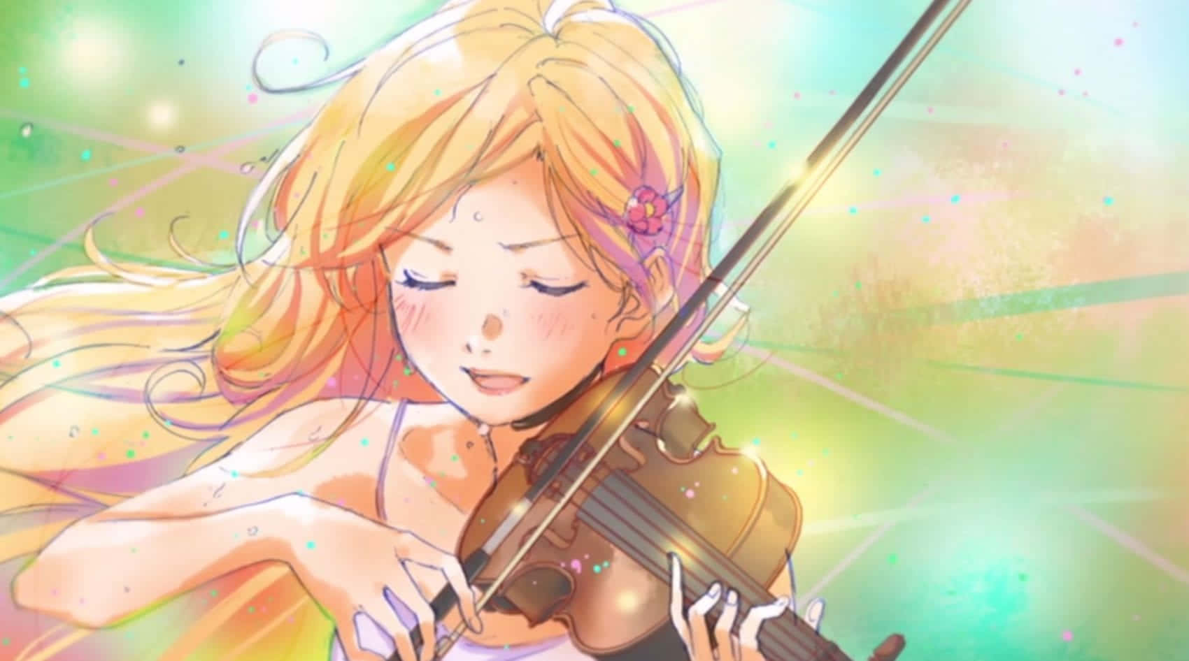 動漫女孩在發光的彩色背景和閃爍中拉小提琴。
