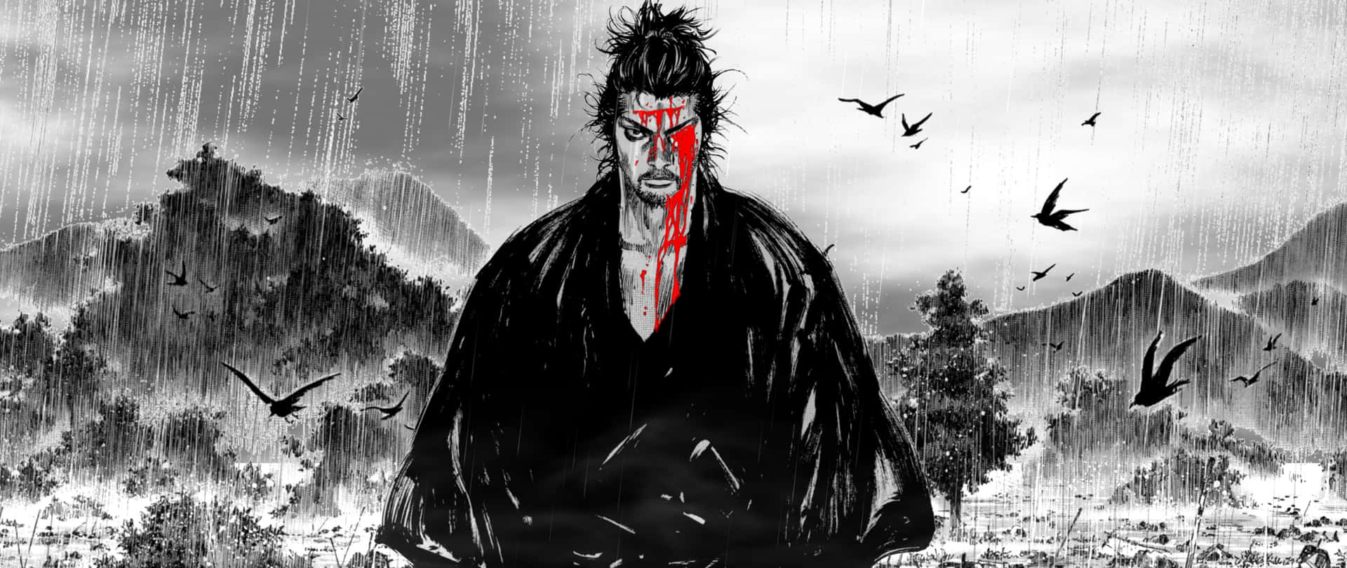 宮本武藏戰鬥場景 壁紙 — 一位武士戰士，鮮血從臉上流下，站在單色暴雨中，鳥兒在他周圍飛翔。
