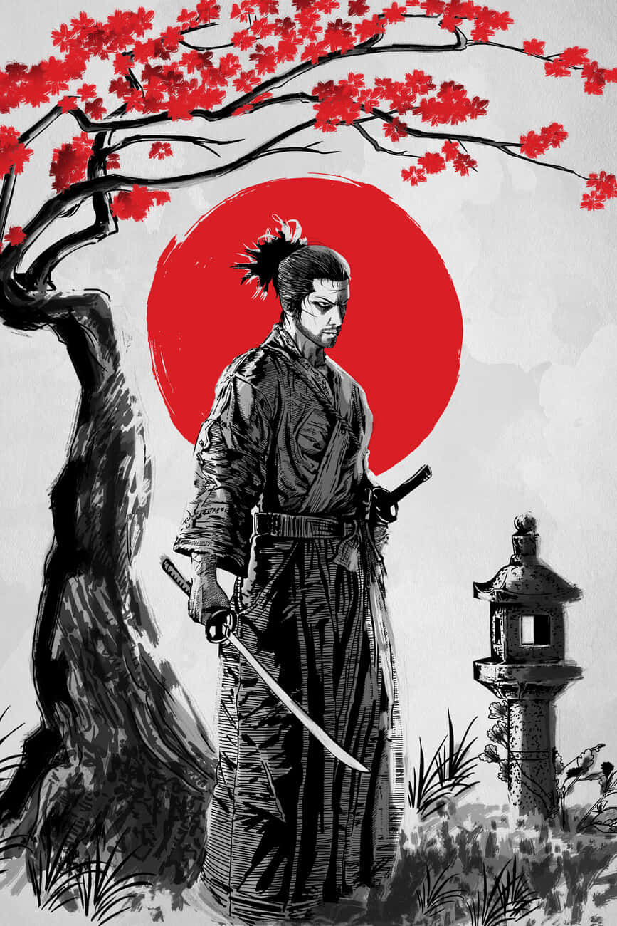 宮本武藏櫻花下 壁紙 — 一位武士站在鮮豔的紅楓樹下，背景是鮮明的紅太陽，附近有一座石燈籠。