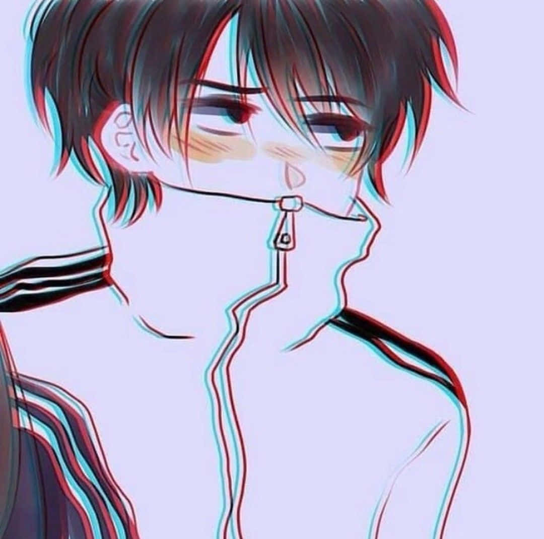 黑髮動漫男孩肖像，穿著條紋連帽衫，帶有紅藍色差效果。 — 可愛動漫頭像gif 壁紙