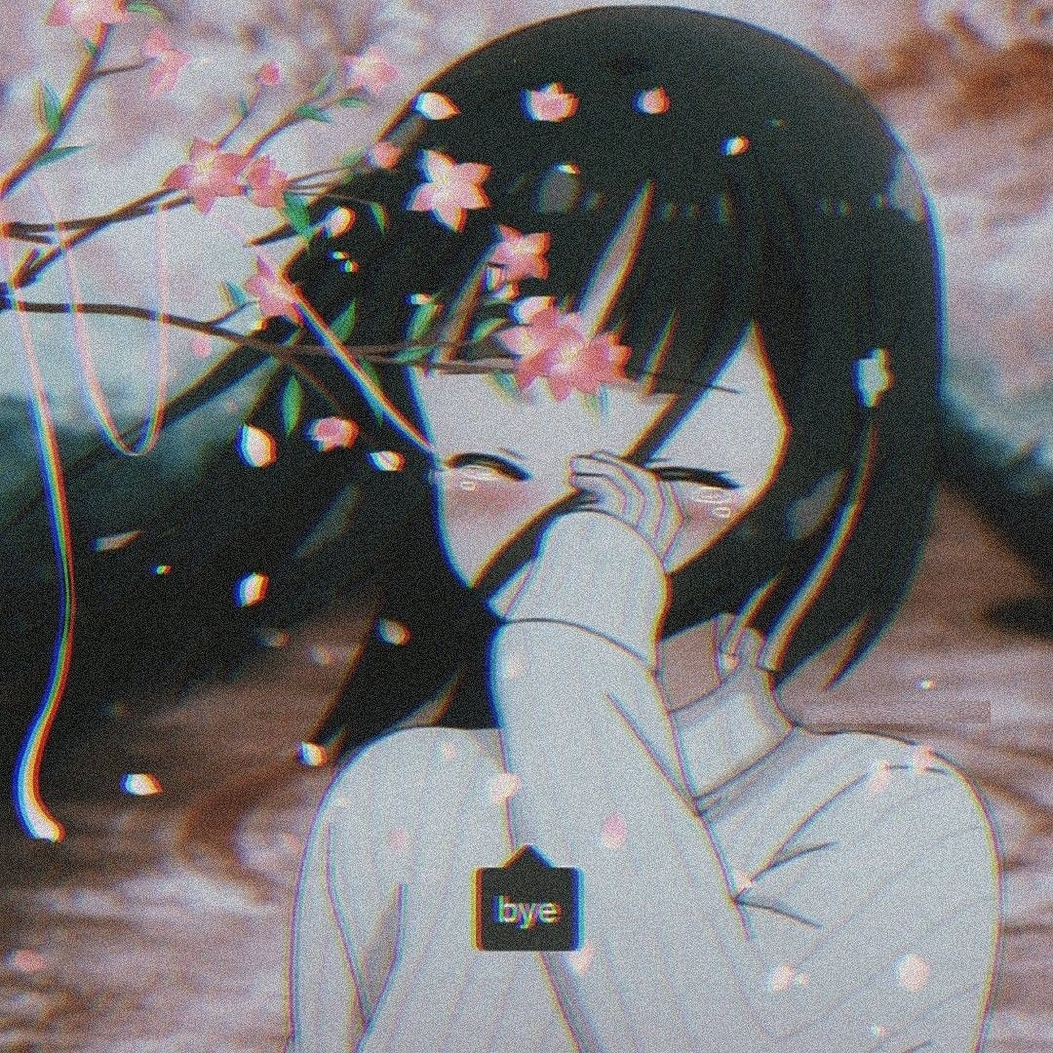 害羞少女動漫頭像 壁紙 — 一個黑髮的憂鬱動漫女孩在櫻花飄落的夢幻故障場景中隱藏她的臉。