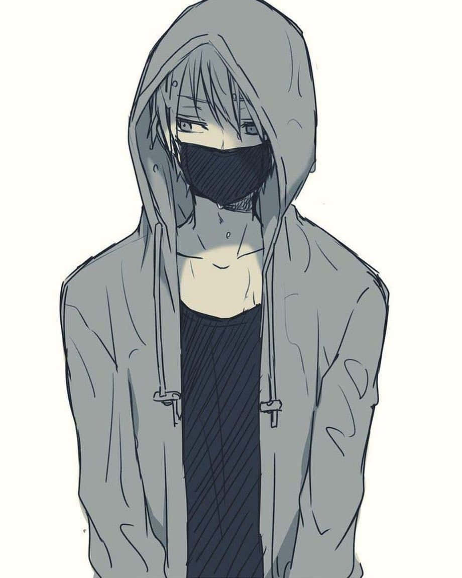 害羞戴面具的動漫男孩 壁紙 — 一個穿著灰色連帽衫和黑色口罩的動漫角色，在純白背景下用蒼白的眼睛凝視著。