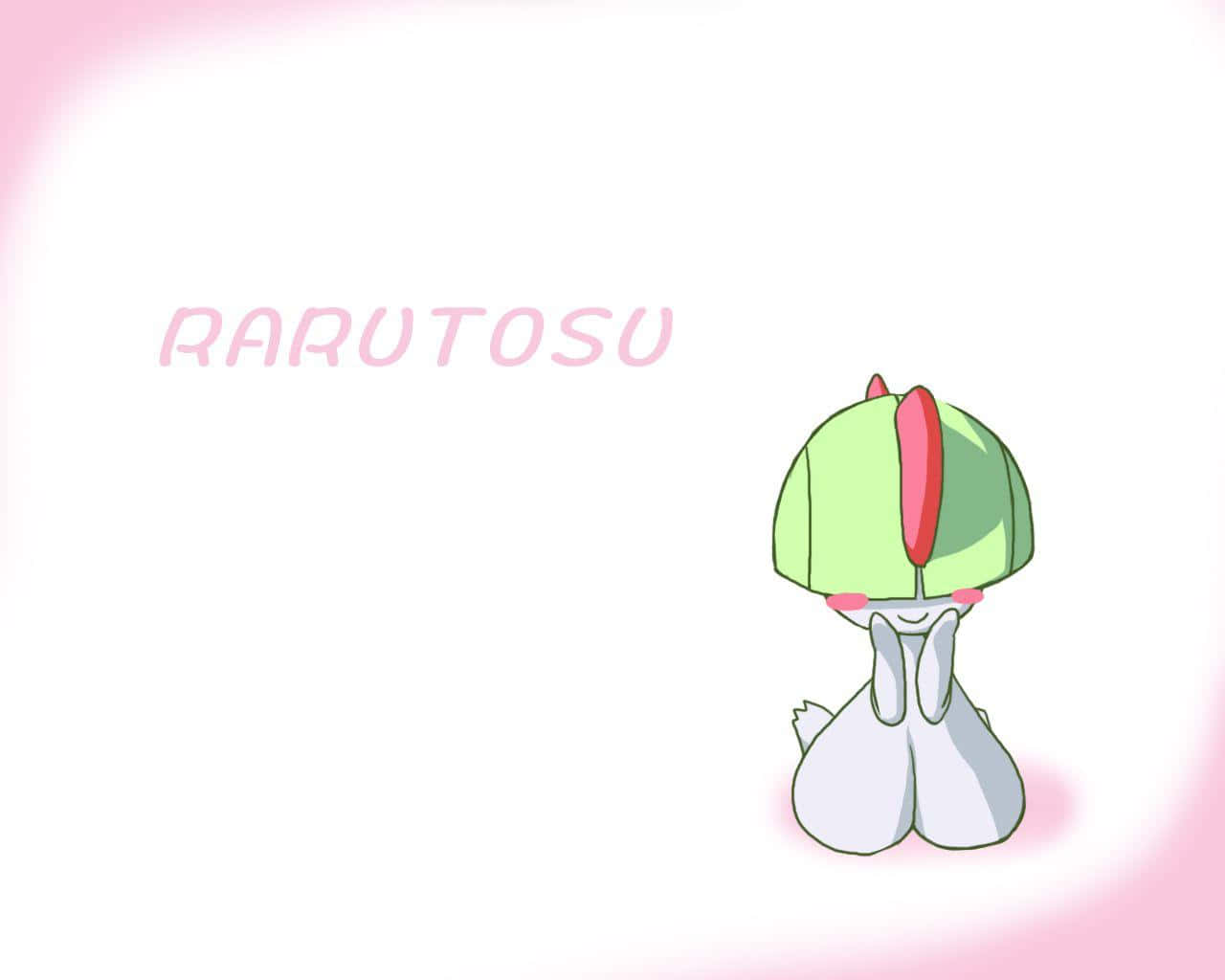 害羞拉爾茨配「Rarutosu」文字 壁紙 — 一個可愛的綠色和白色動漫角色，帶有紅色點綴，背對著柔和的粉紅色漸變背景坐著。
