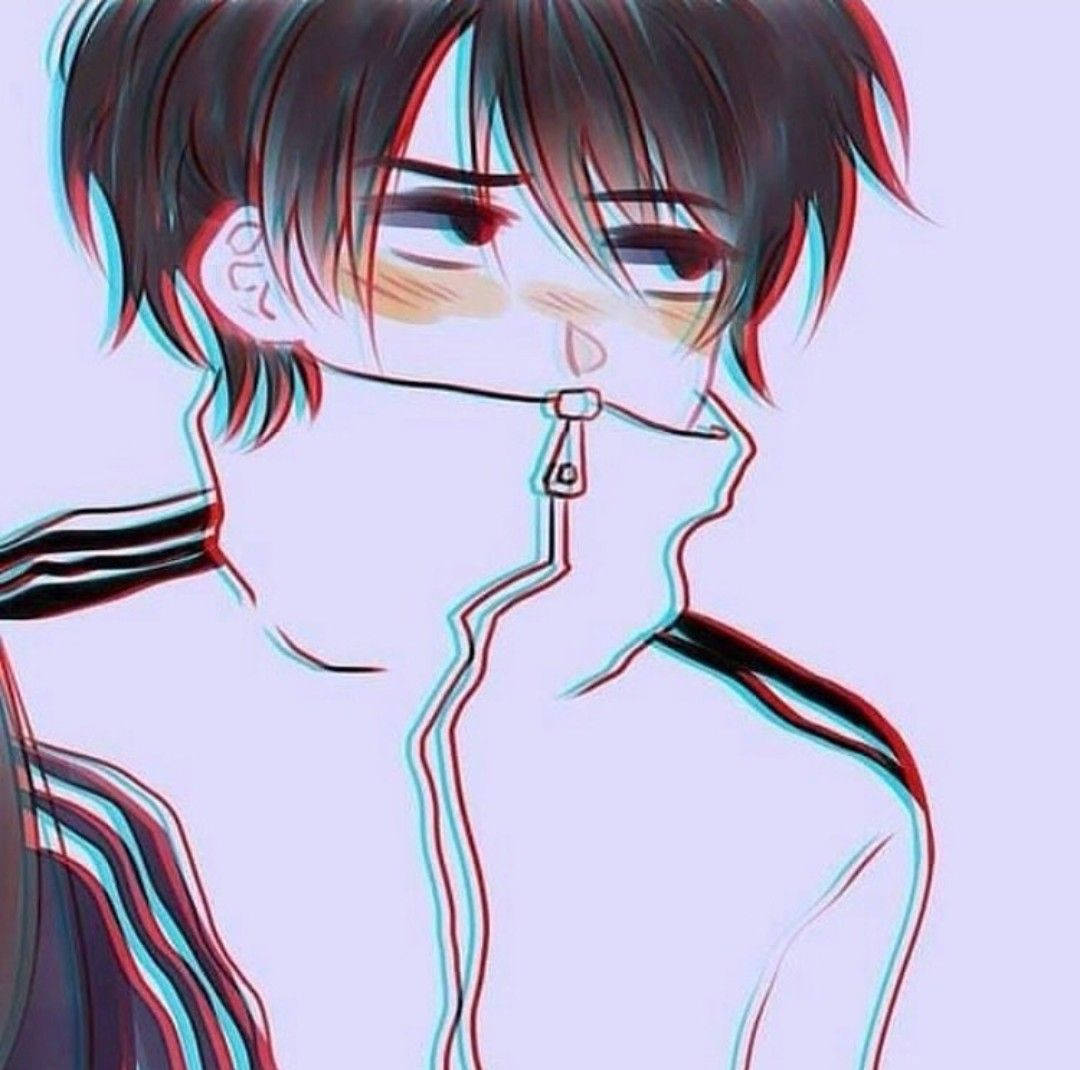 害羞男孩情侶配對頭像 壁紙 — 動畫男孩，深色頭髮，紅藍色色差效果，低頭看著，拉鍊從臉上拉下。
