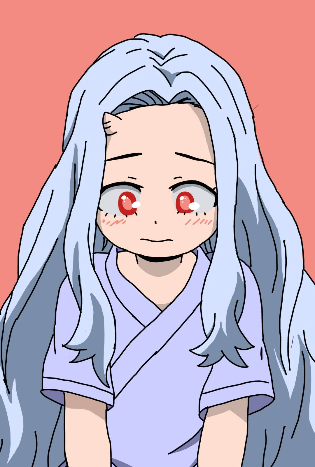 害羞的 Eri 低頭望 壁紙 — 一個長著銀色長髮和紅色眼睛的Q版動漫女孩，在珊瑚粉紅背景前穿著薰衣草色長袍。