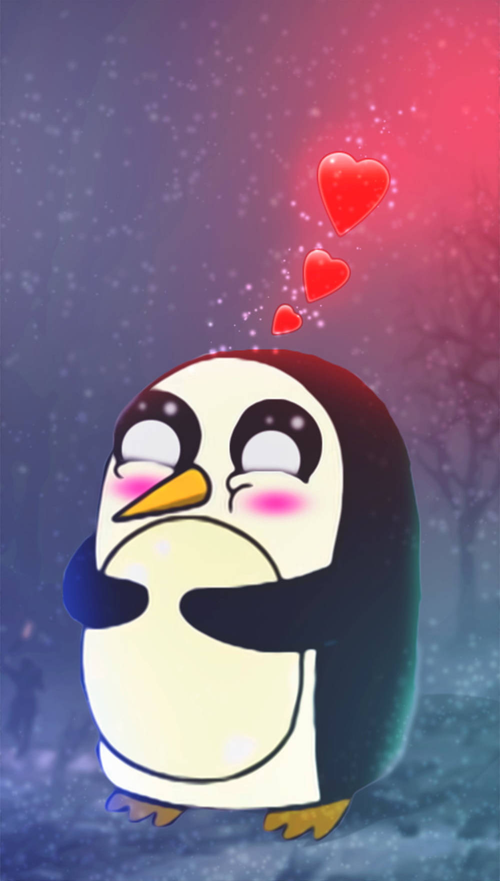 害羞的 Gunter Adventure Time 壁紙 — 一隻可愛的卡通企鵝臉紅，頭頂漂浮著愛心，背景是雪白的黃昏。