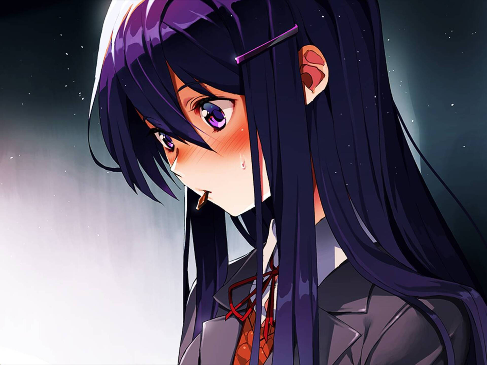 動漫女孩，紫色眼睛，黑髮，在星空場景中流淚低頭。 — 俱樂部 壁紙