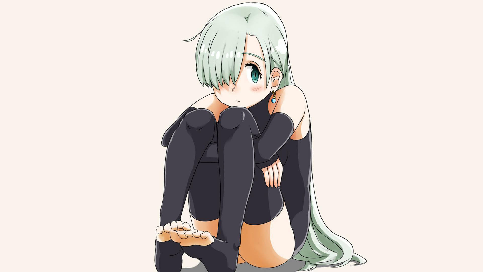 綠色頭髮的動漫女孩穿著黑色衣服蜷縮著，低頭看著。