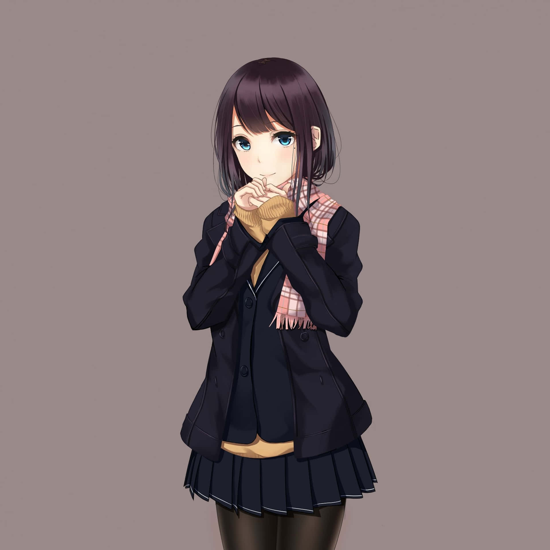 動漫女孩穿著校服，戴著格子圍巾，雙手合十靠近下巴。