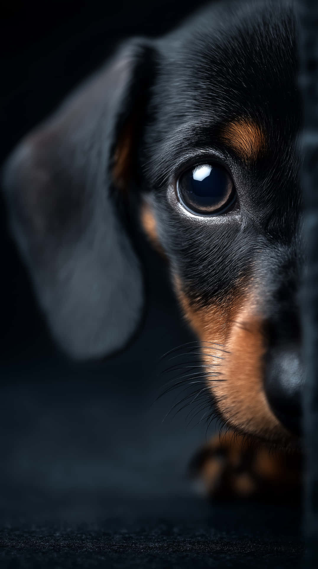 黑褐色臘腸犬幼犬從深色表面後面以好奇光滑的眼睛窺視