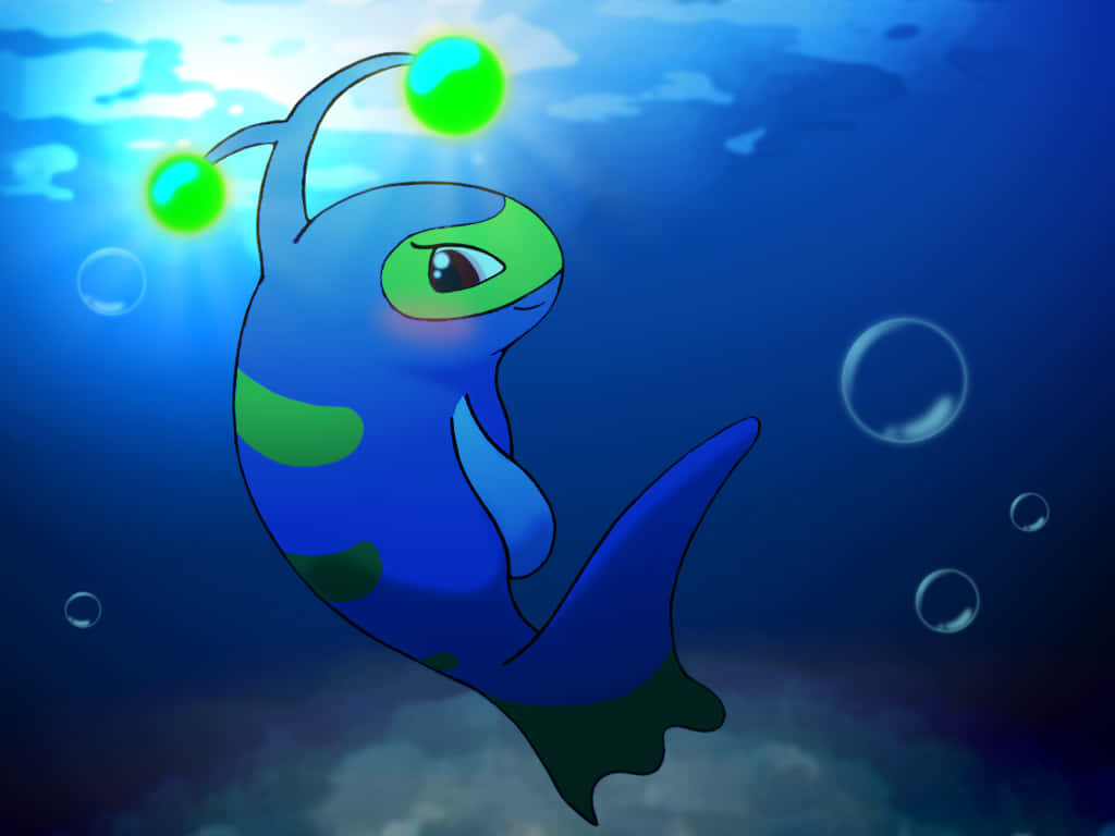 一條藍綠色卡通魚，帶有發光觸角，在水中與氣泡一起游動。