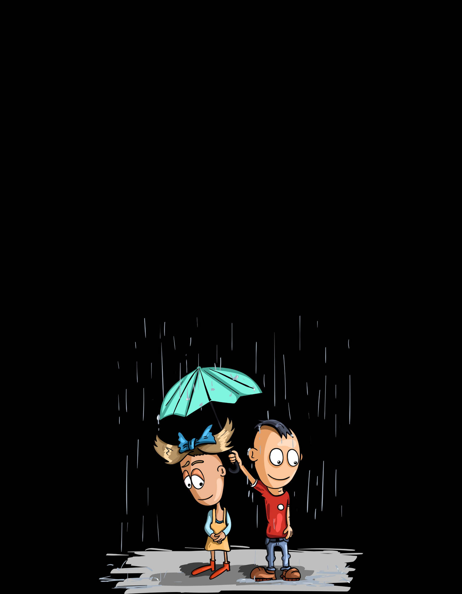 兩個小孩在黑暗背景下的雨中共享一把雨傘。