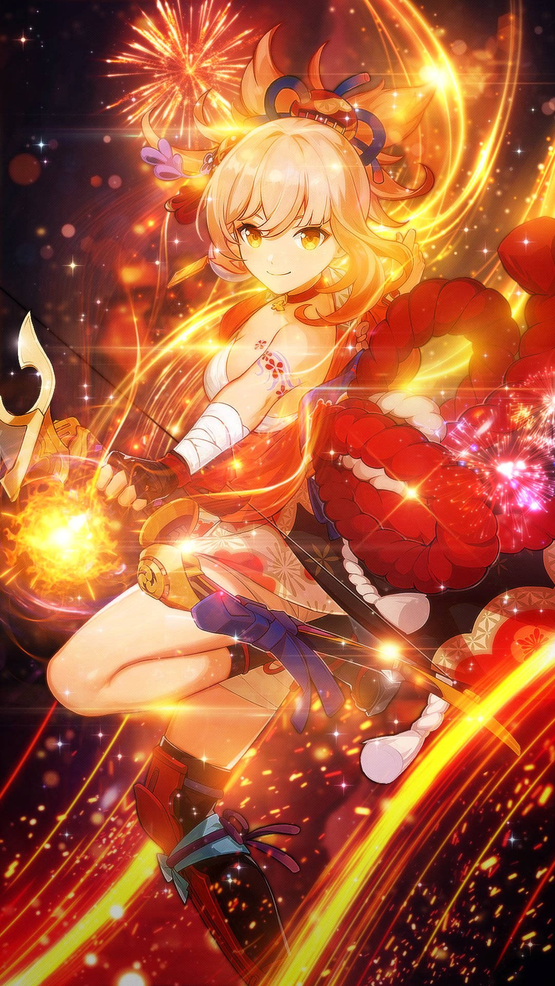 穿著節日紅色服裝的動漫少女，在煙火和火花中揮舞著發光的武器。