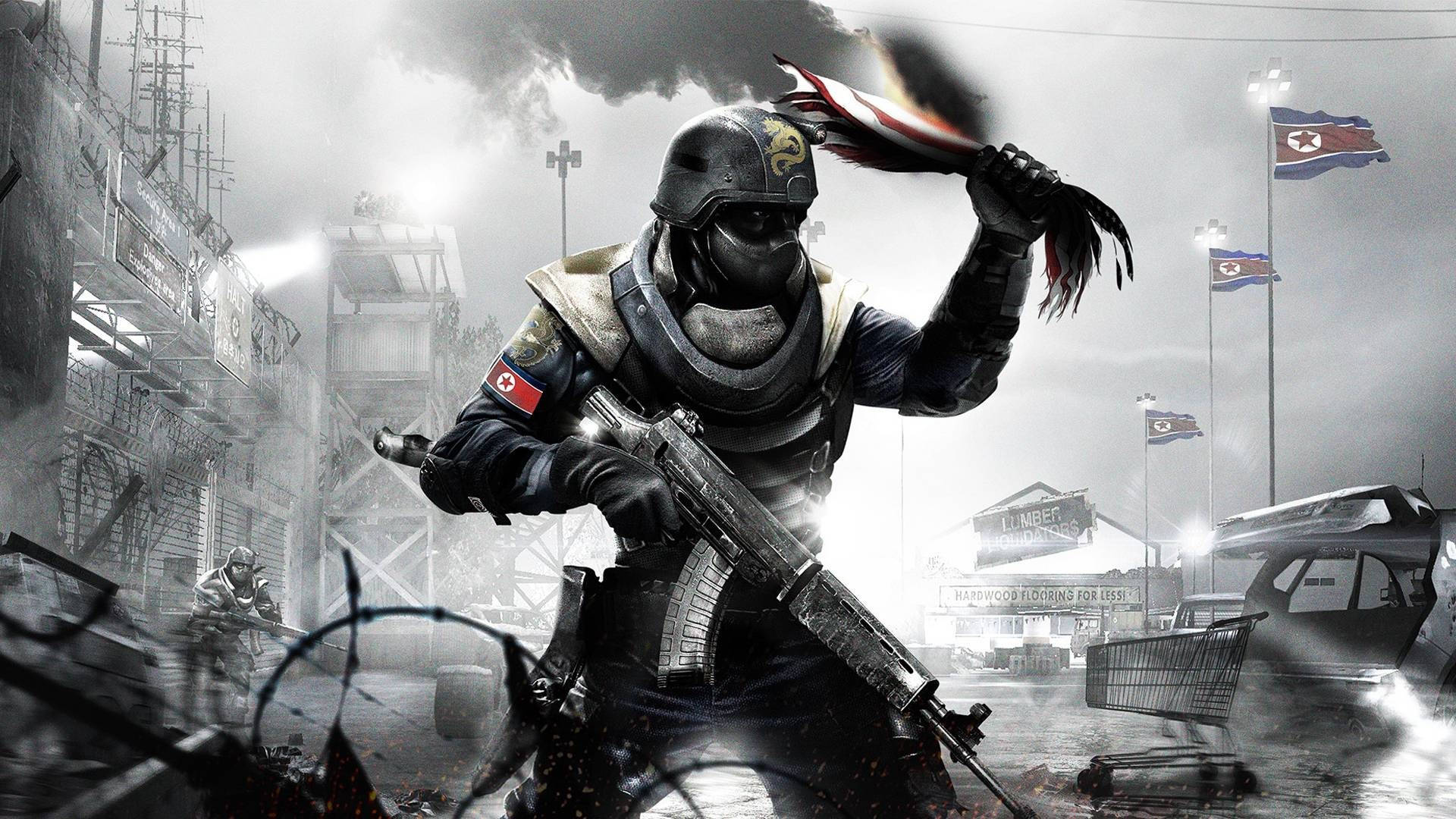 《家園：革命》高清遊戲 壁紙 — 一名全副武裝的士兵在煙霧和瓦礫遍佈的戰亂城市戰場中，手持一面燃燒的旗幟。