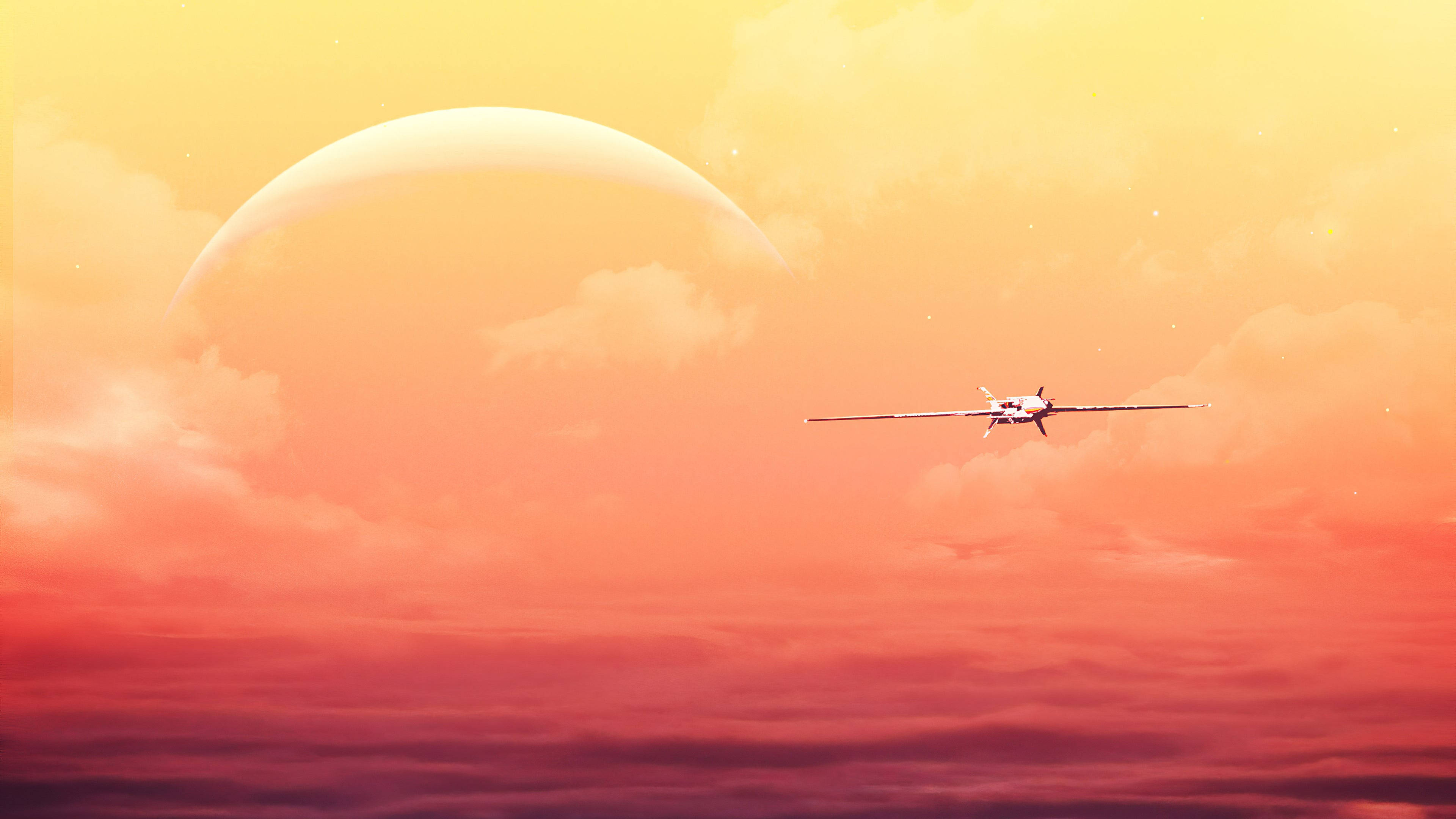 家園世界飛機 壁紙 — 一架流線型白色飛機在充滿活力的橙色和粉紅色日落天空中翱翔，背景中有一個巨大的發光行星。