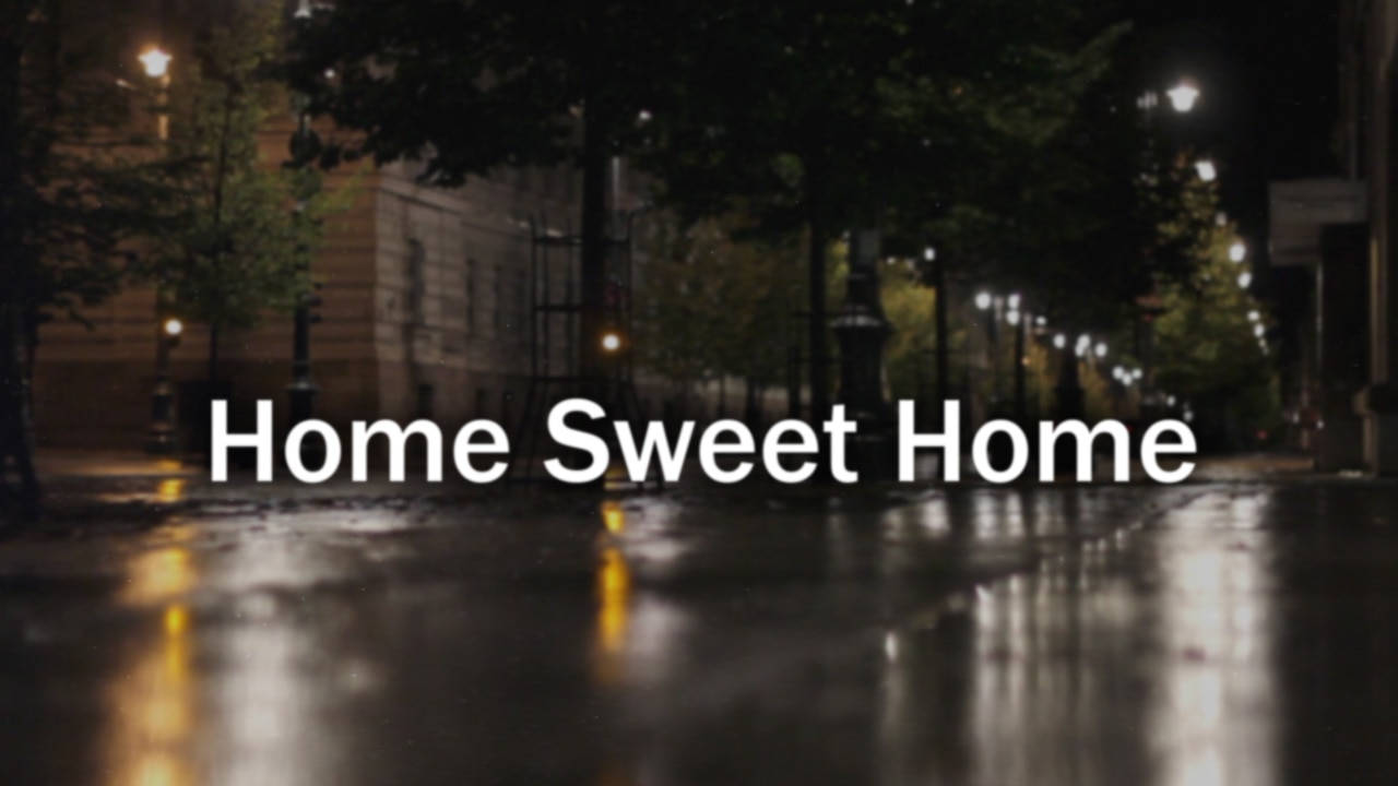 家園甜蜜城市街景 壁紙 — 雨夜街景，發光的街燈映照在濕漉漉的路面上，樹木排列在人行道旁。