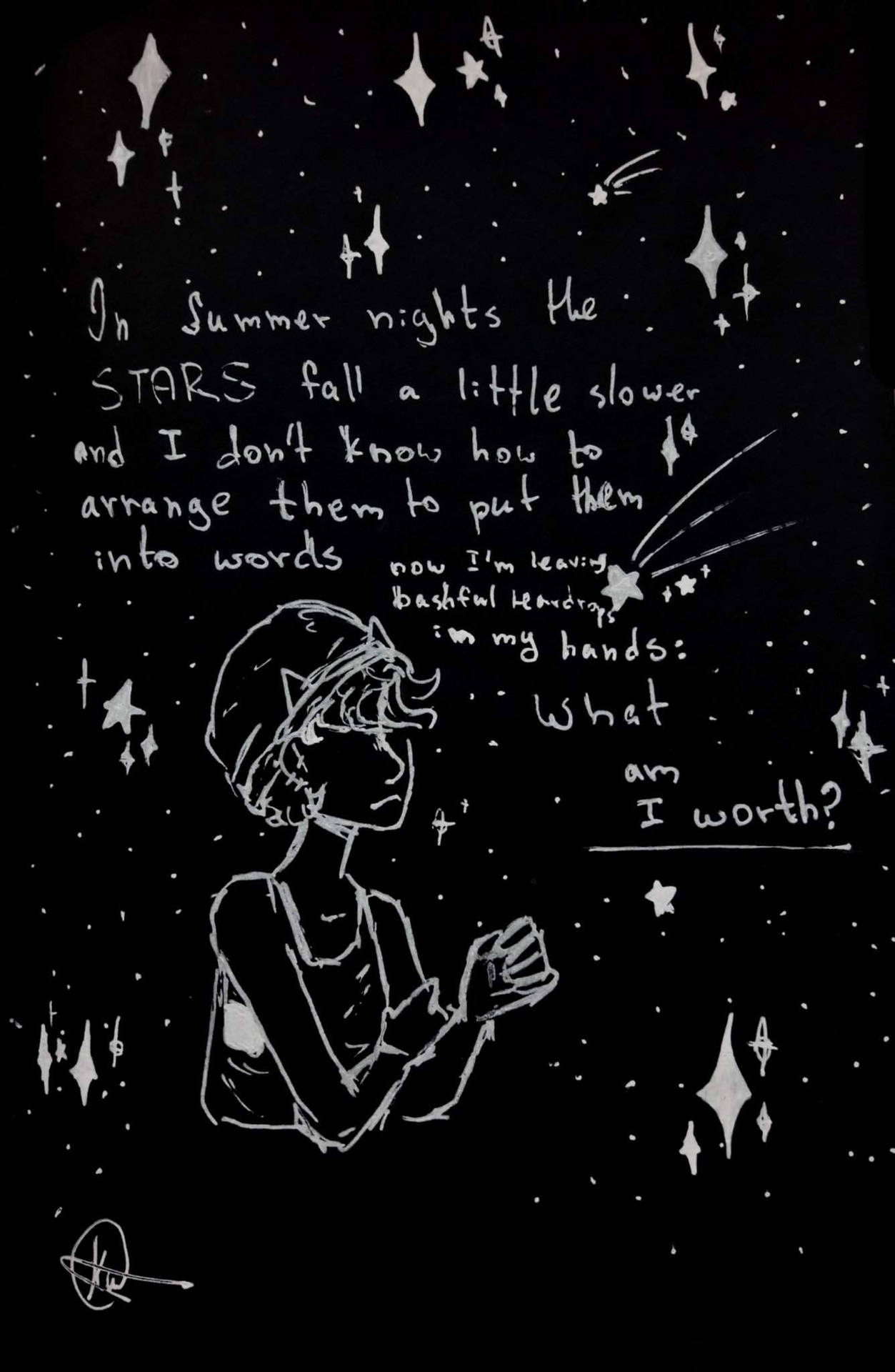 一個人在星空下，伴隨著關於星星和自我價值的手寫詩歌。