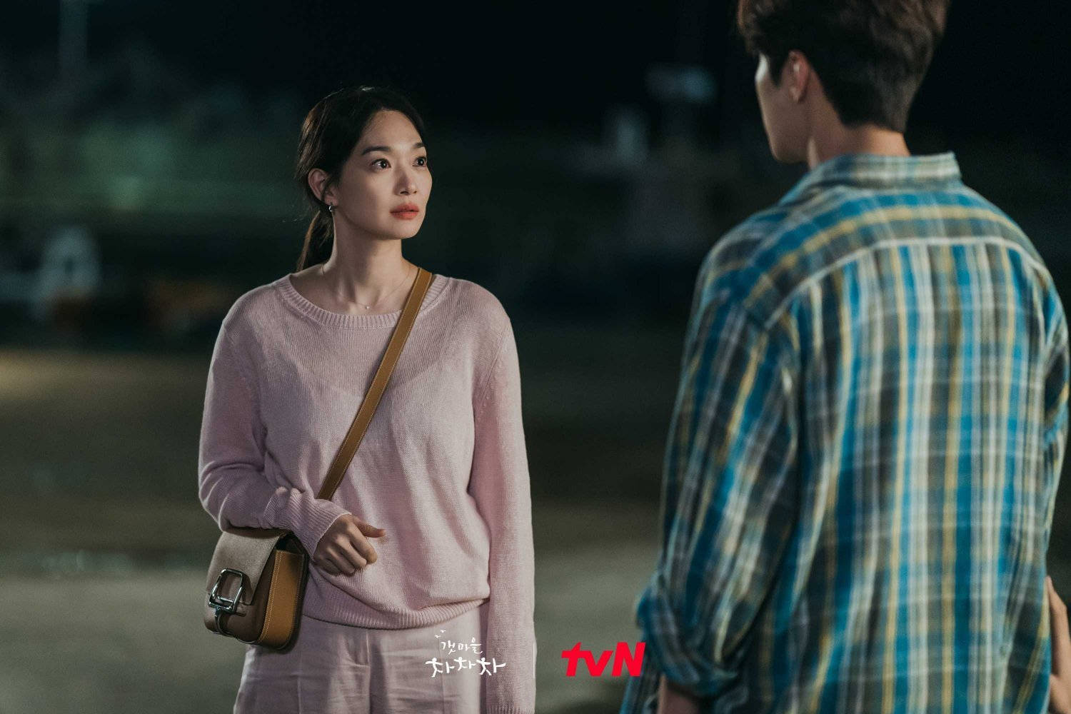 《家在首爾》劇照截圖 壁紙 — 一位穿著粉紅色毛衣的女性在夜間街燈下，面對一位穿著格仔襯衫的男性，背景柔和散景。