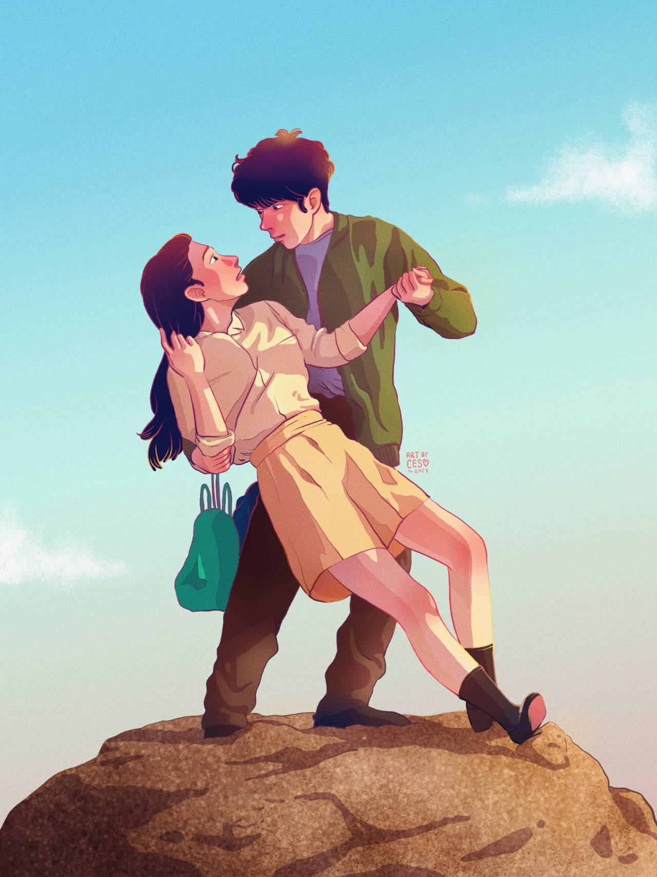 《家在首爾》數位藝術作品 壁紙 — 一對情侶在晴朗藍天和柔軟白雲下，於陽光照射的岩石上分享親密時刻。