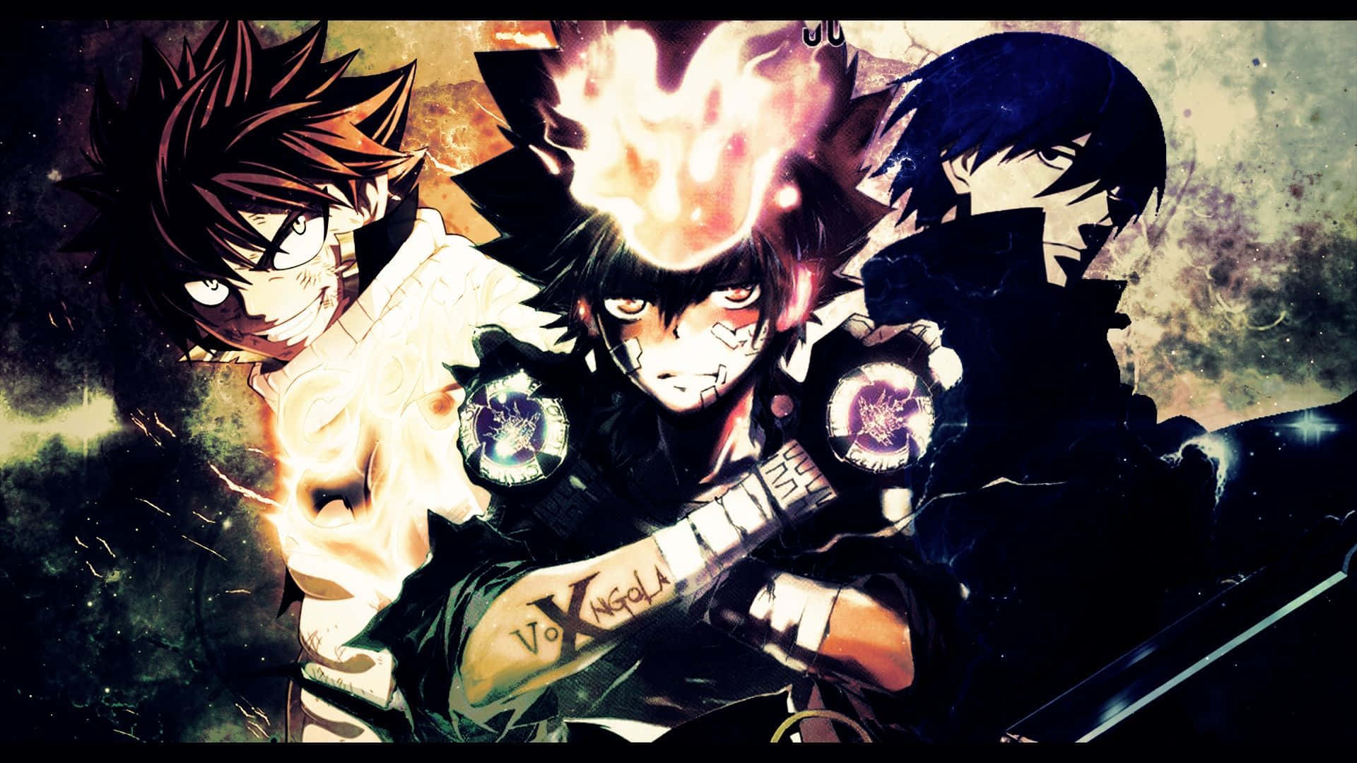 家庭教師REBORN！沢田綱吉主視覺海報 壁紙 — 三個擁有火焰般頭髮和發光眼睛的動漫角色，在煙霧瀰漫的宇宙背景下擺出戲劇性的戰鬥姿勢。