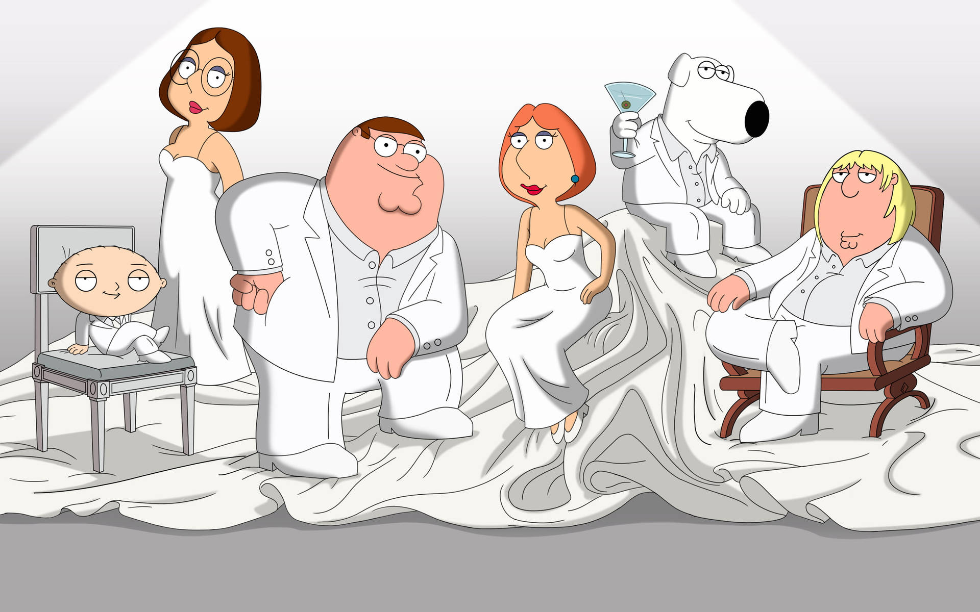 Family Guy 角色在白色帷幔舞台上為婚禮打扮。