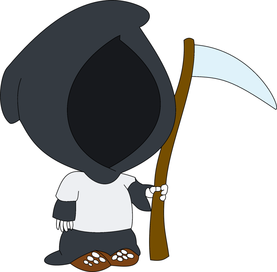 《家庭派對》死神角色 壁紙 — 一個卡通死神，戴著深色兜帽，穿著白色襯衫，在黑色背景前拿著鐮刀。