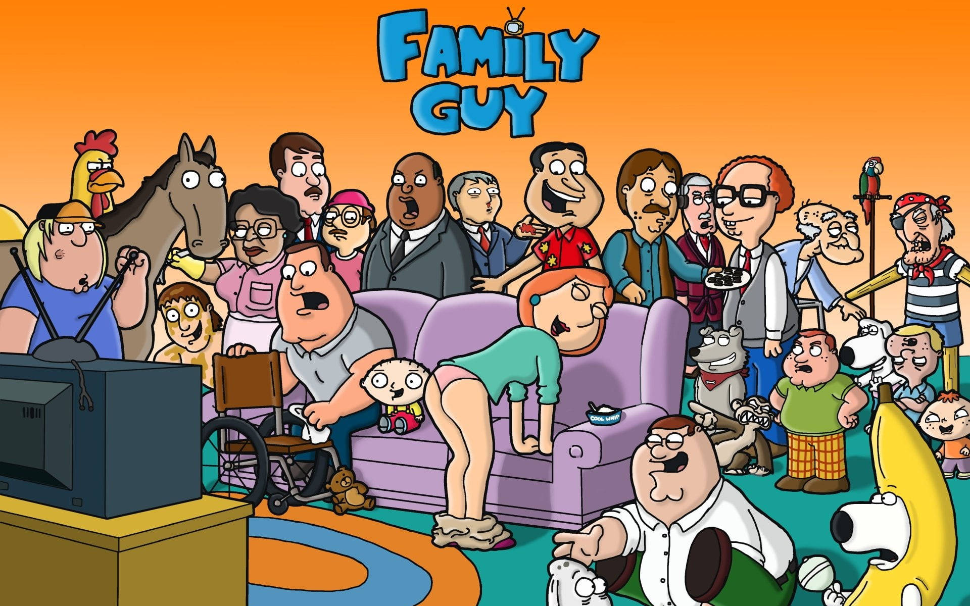 Family Guy 卡通角色聚集在客廳看電視。