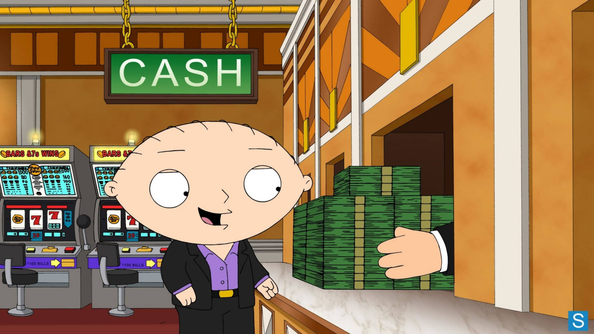 Stewie Griffin 在賭場手持一疊疊現金，背景有老虎機。