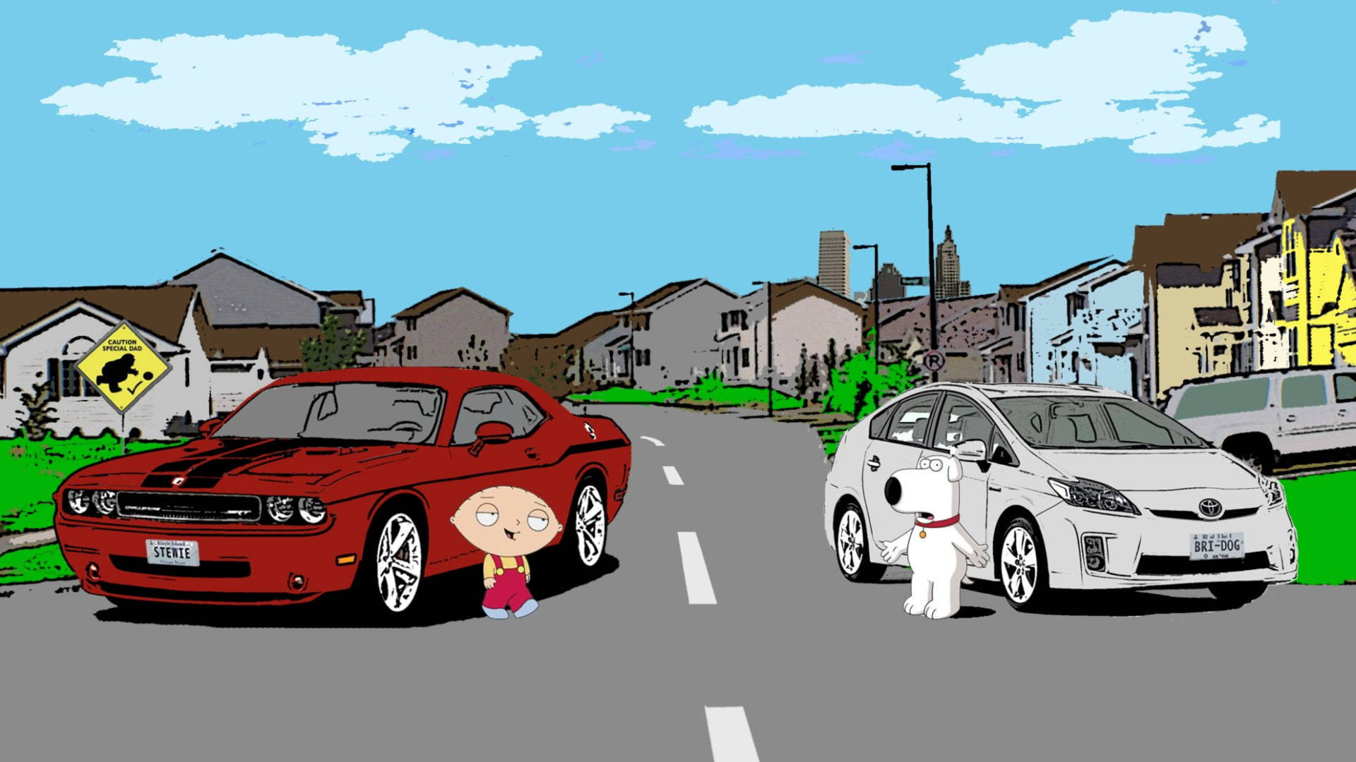 Stewie 和 Brian 在陽光明媚的郊區街道上站在他們的車旁。