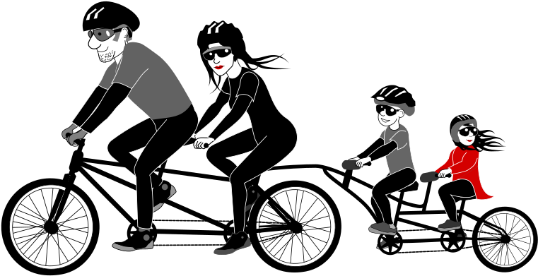 家庭自行車騎行插畫 壁紙 — 四個戴太陽眼鏡的風格化單車手在黑色背景上騎單車，帶有白色輪廓。