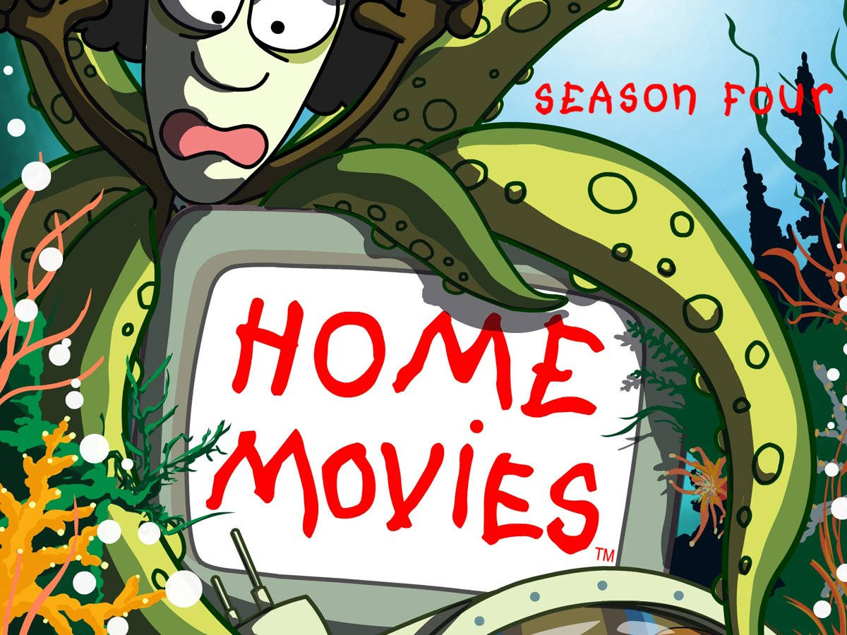卡通八爪魚喺水底珊瑚同氣泡之間拎住電視機，上面有「Home Movies」字樣。