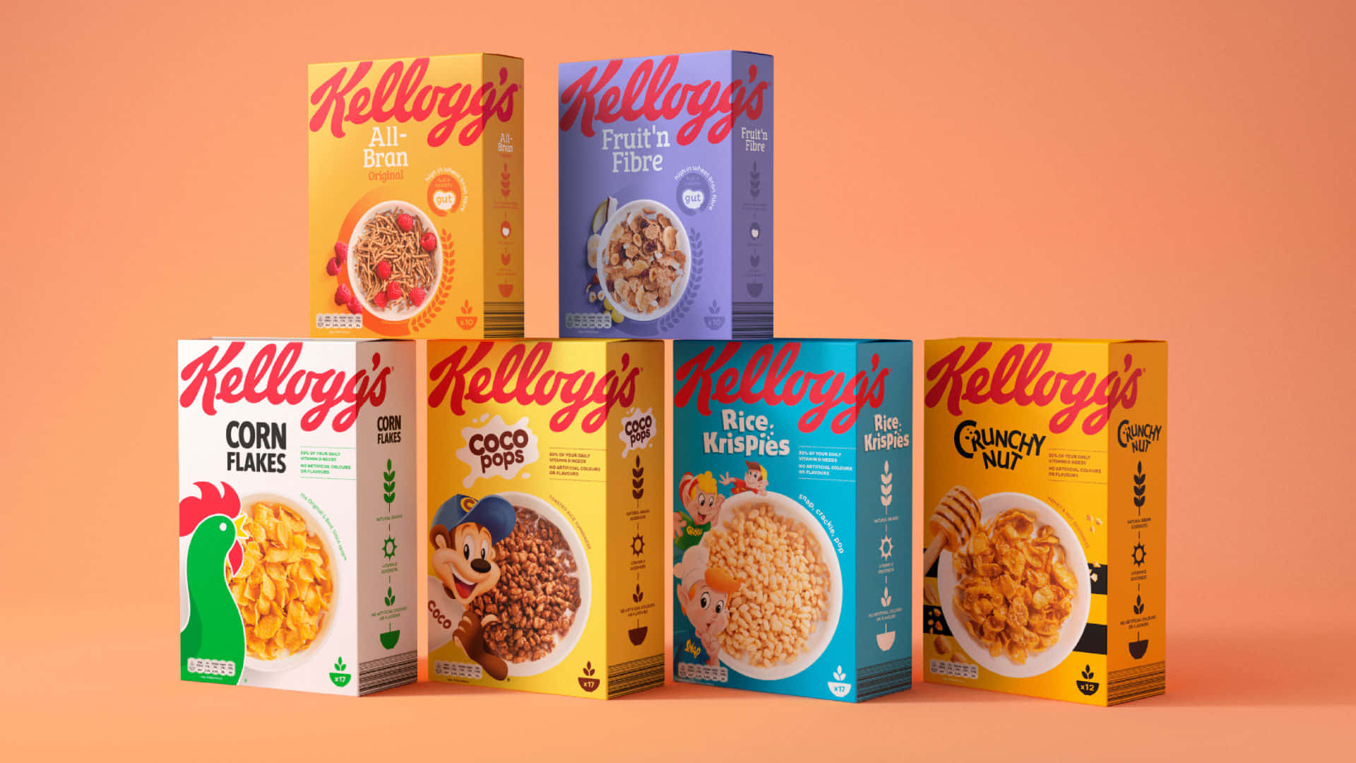 六個Kellogg's穀物盒在桃色背景上形成金字塔。 — 早餐動圖 壁紙