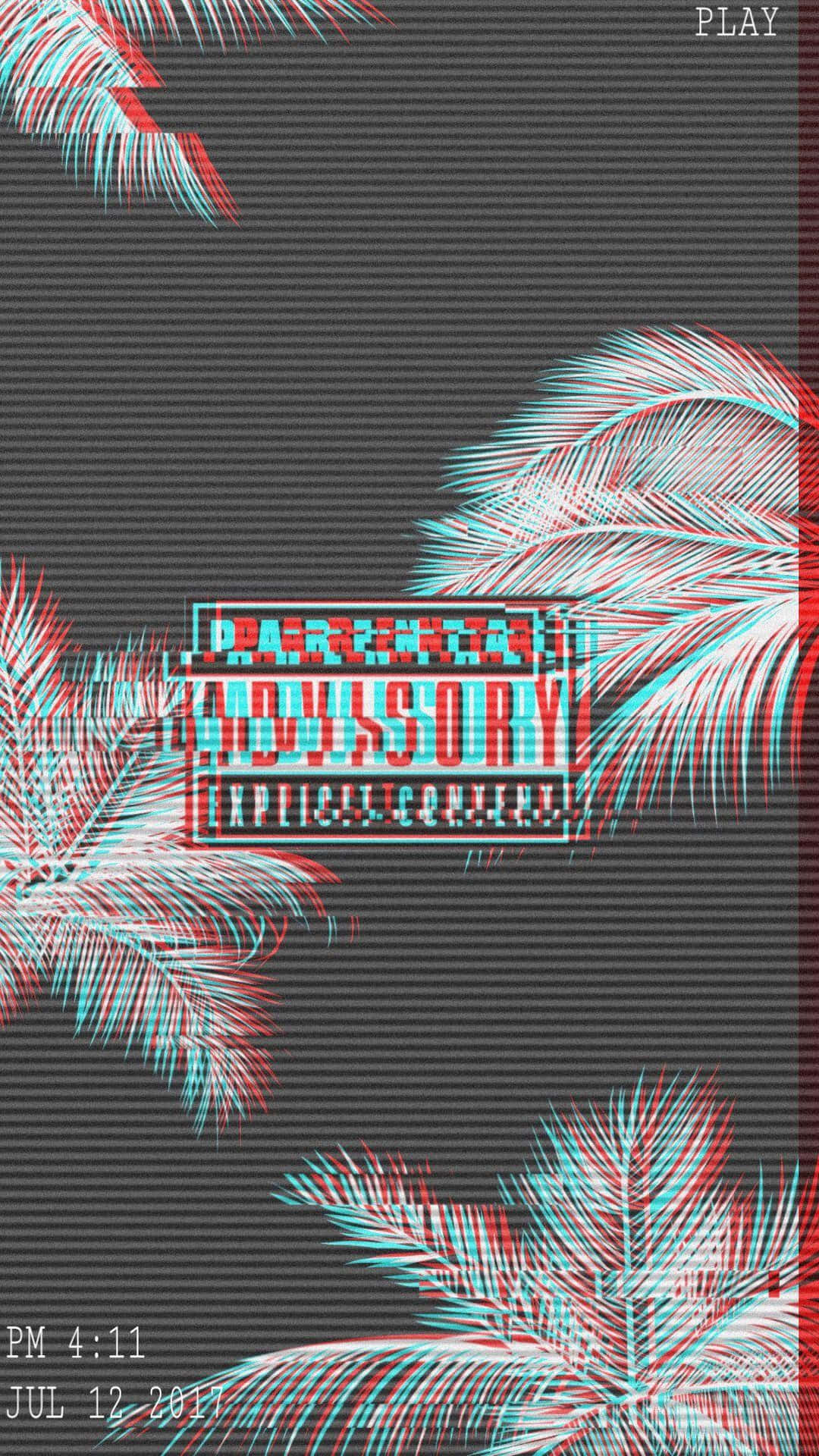 以紅藍立體3D效果呈現棕櫚葉和文字的故障藝術。