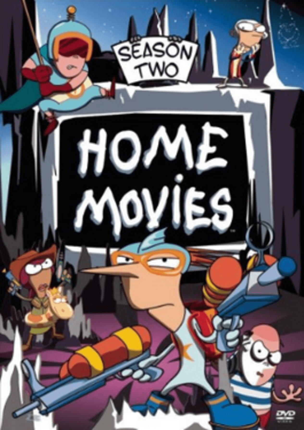卡通角色穿著冬季裝備在雪崖上為Home Movies Season Two擺姿勢。