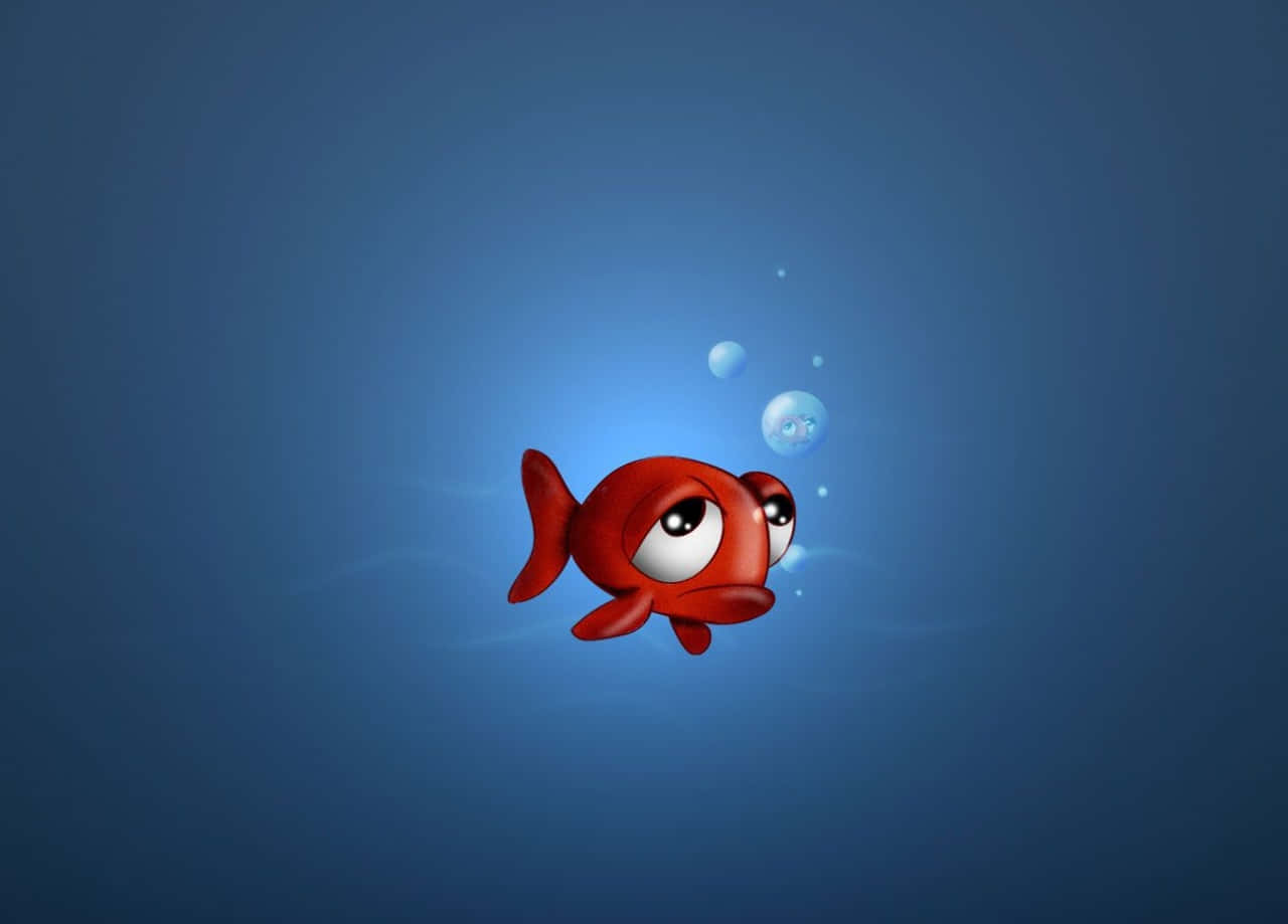 寂寞的小紅魚 壁紙 — 一條可愛的紅色卡通魚，大眼睛，在藍色水中向上游，留下小氣泡。