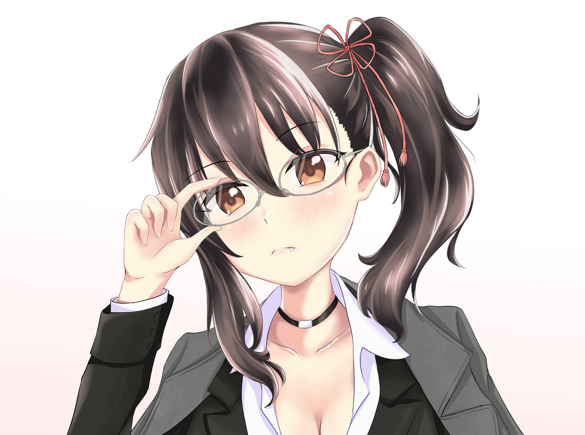 穿著校服的動漫女孩，表情嚴肅地調整她的眼鏡。