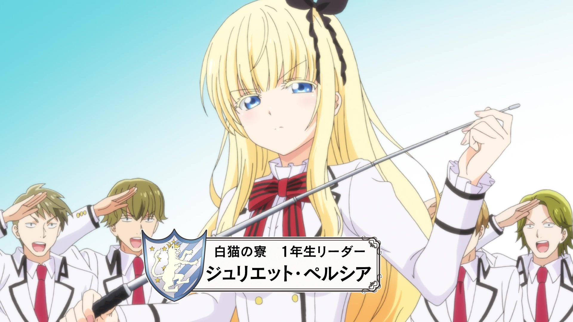 動漫女孩穿著校服手持指揮棒，男孩們向她敬禮。