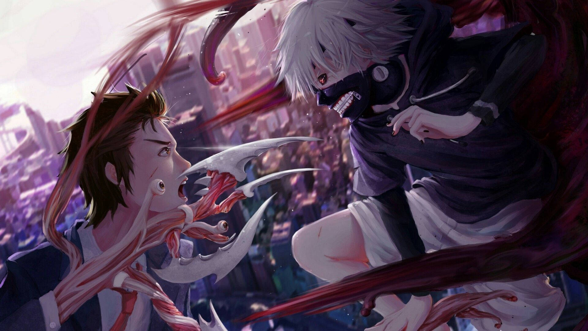 《寄生獸》中的兩位動畫角色 壁紙 — 兩個動漫角色在廢墟城市背景下，以怪獸般的利爪和流動的紅色能量進行殘酷的戰鬥。