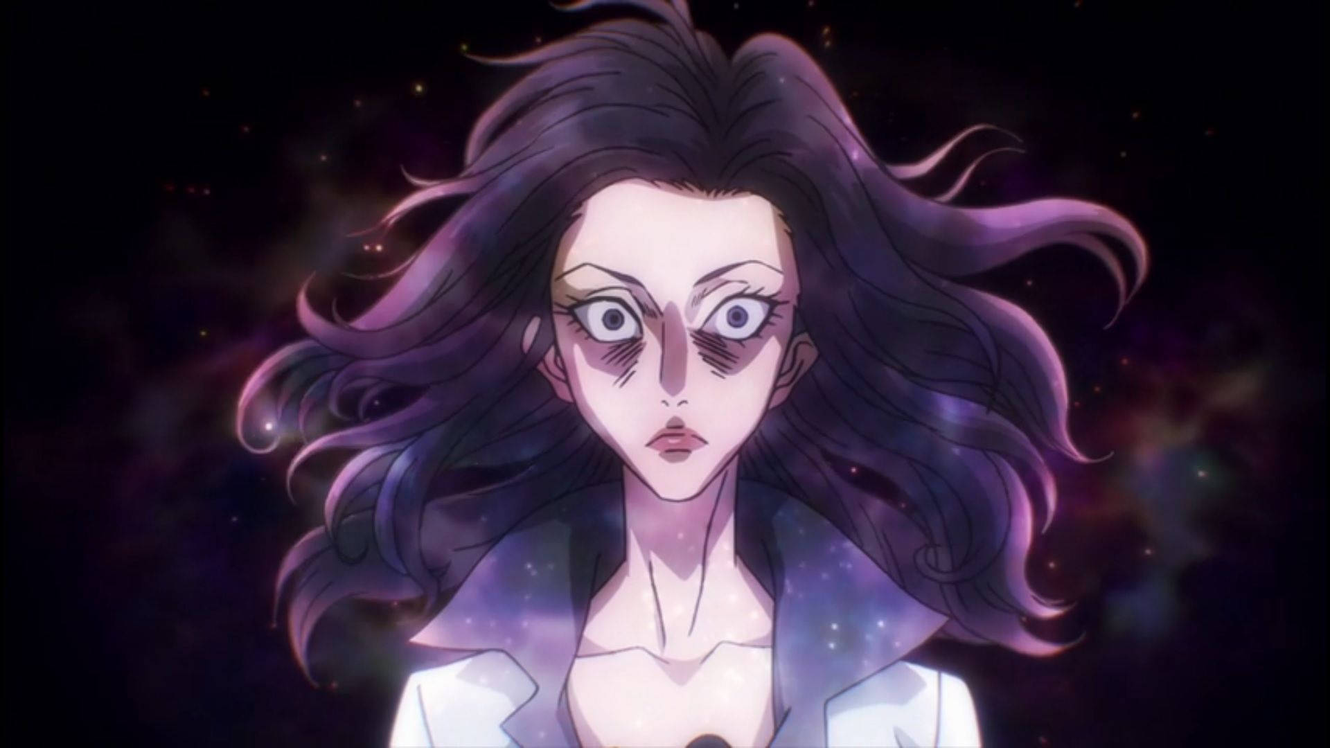 《寄生獸》中的夜空與少女 壁紙 — 一位受驚的動漫女性，紫色頭髮，大眼睛，凝視著宇宙星空背景。