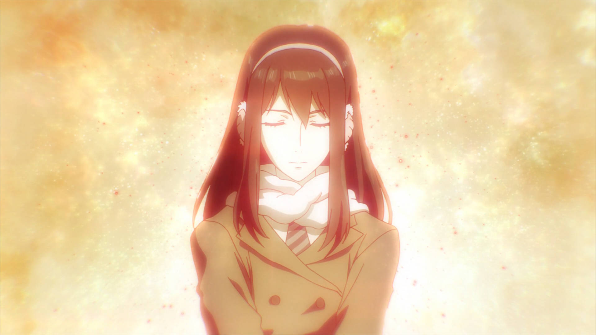 《寄生獸》中的女角色 壁紙 — 一個平靜的動漫女孩閉著眼睛，圍著圍巾，站在一個充滿金色粒子的發光背景前。