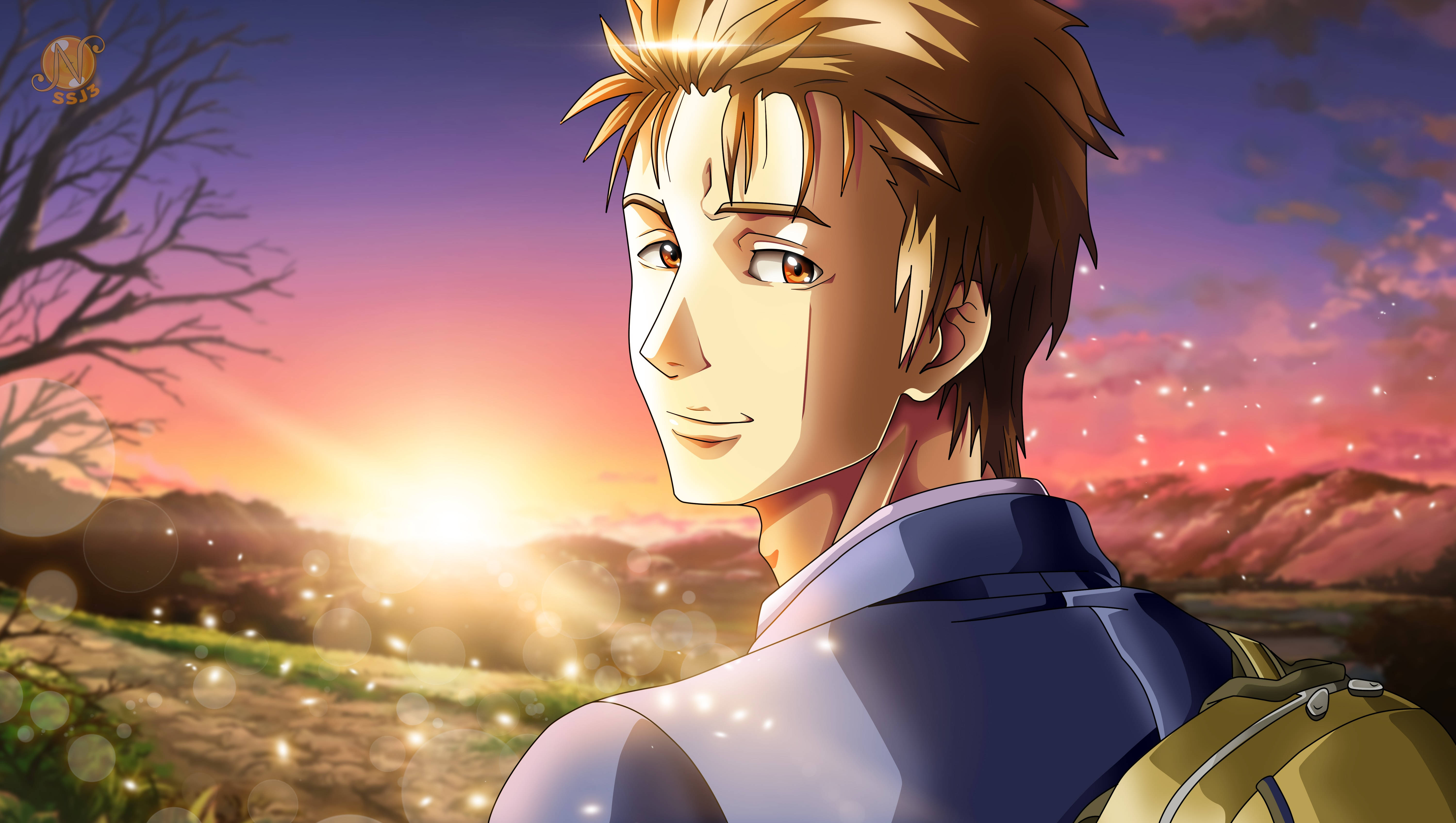 《寄生獸》中的美麗場景 壁紙 — 動漫男孩，頭髮尖尖，在夕陽下微笑，背景是發光的田野，有光禿禿的樹木和遠山。