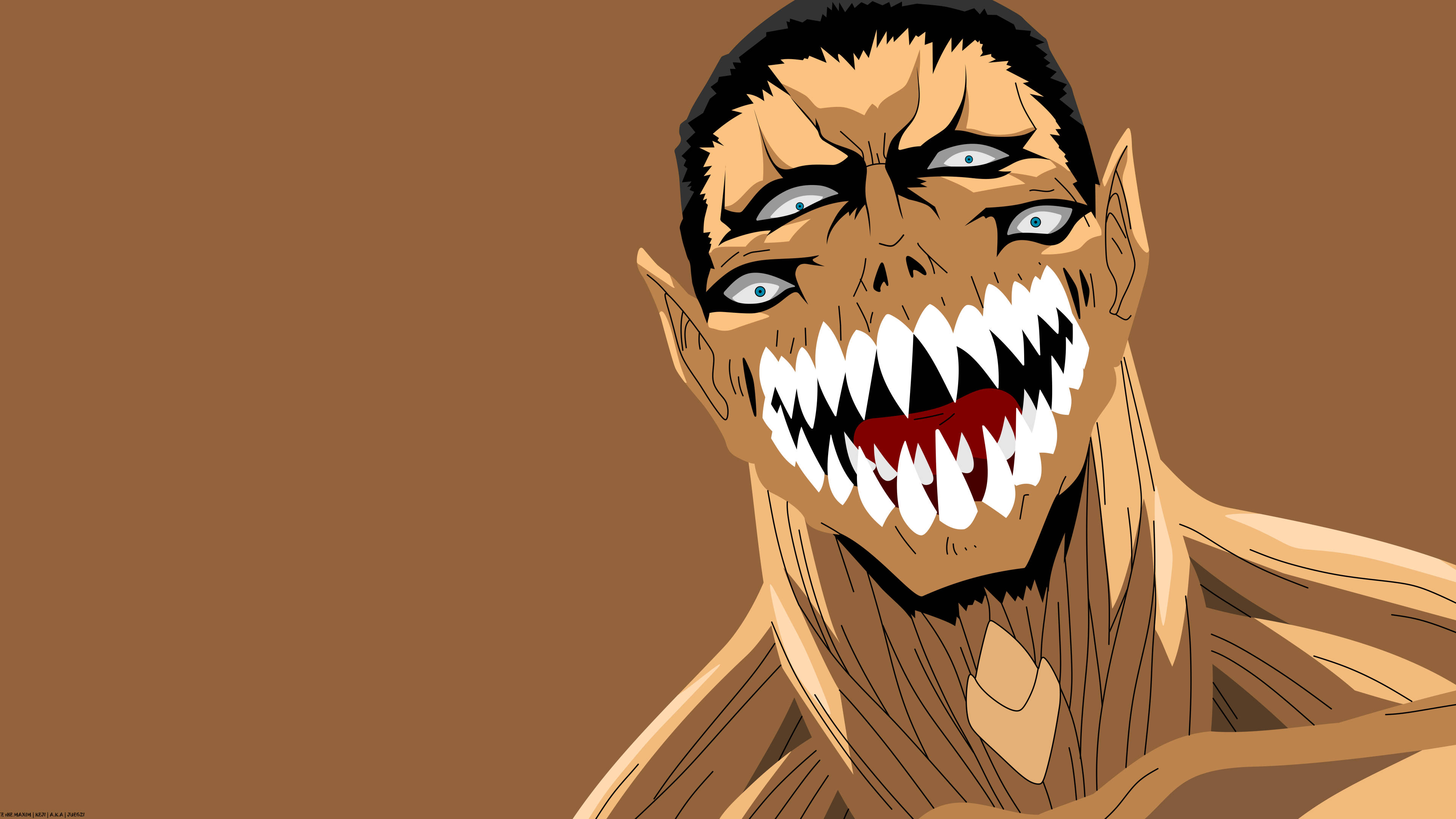 《寄生獸》中的馬克西姆 壁紙 — 一個令人畏懼的動漫巨人，擁有六隻發光的眼睛和鋒利的牙齒，在純棕色背景上咧嘴而笑。