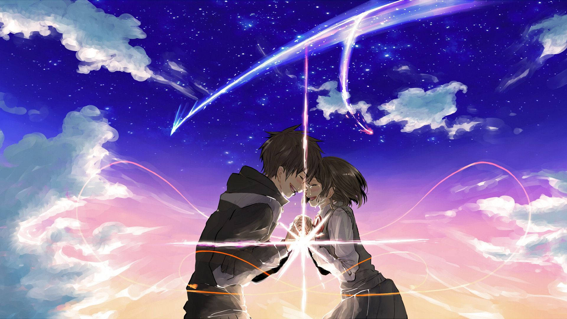 《寄生獸》中的高橋與見崎 壁紙 — 兩個動漫角色在星空下接吻，伴隨著發光的宇宙軌跡和柔軟的雲朵。