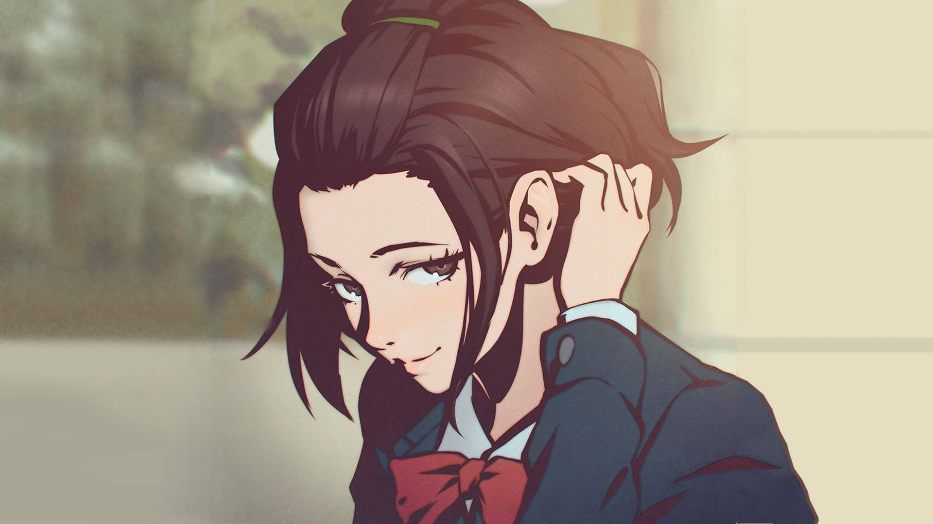 《寄生獸》女性角色 壁紙 — 一個憂鬱的動漫女孩穿著校服，輕輕觸摸耳朵，眼神柔和。