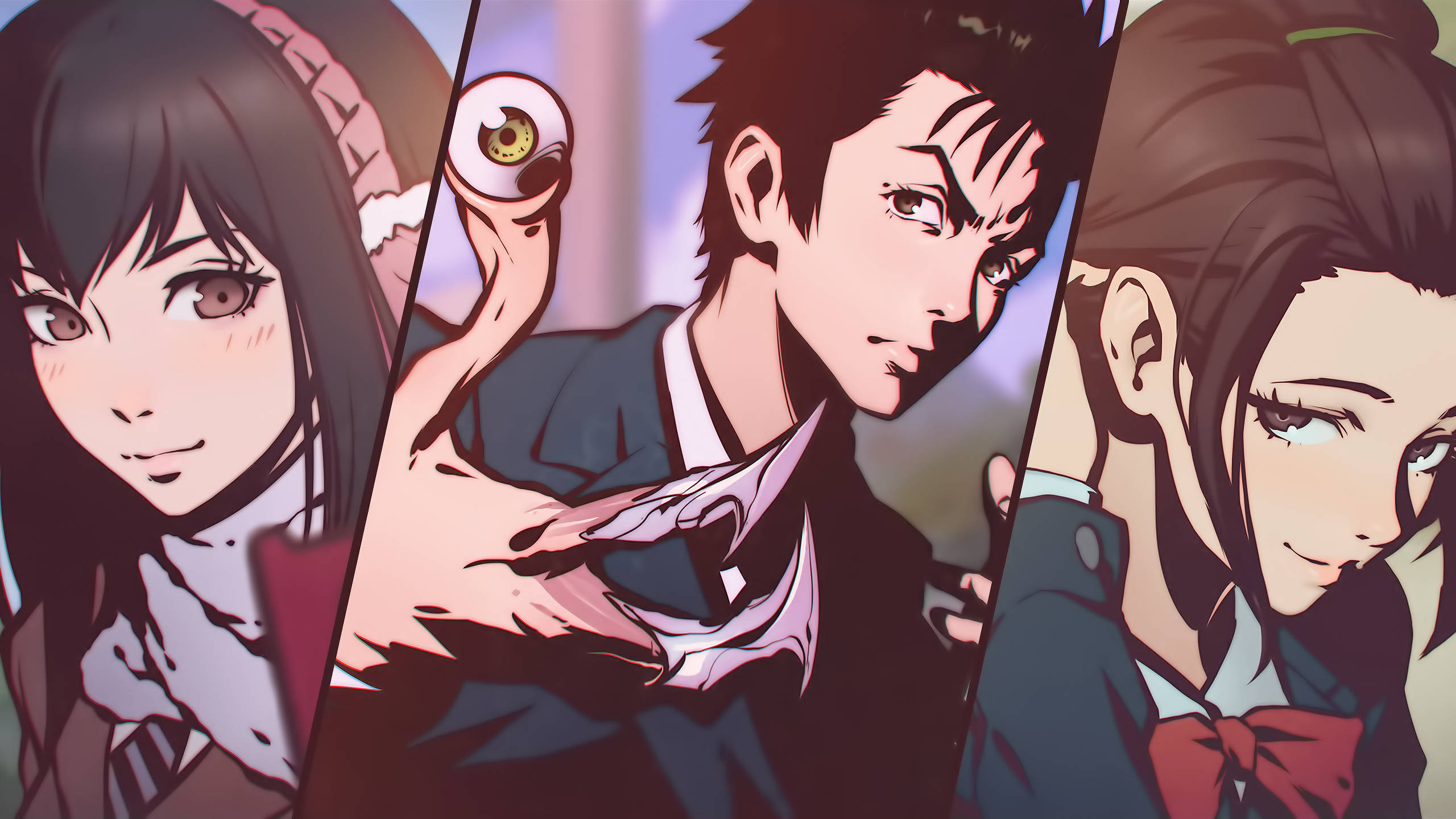 《寄生獸》數位海報 壁紙 — 三個穿著校服的動漫角色，表情戲劇化，加上一個漂浮的眼球，以風格化的分格構圖呈現。